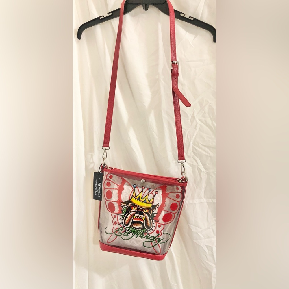 Ed Hardy clear red‎ trim Ed hardy bulldog red roses printed pvc bucket bag new